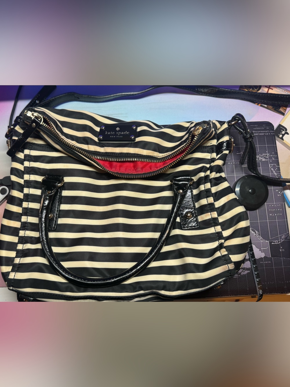 kate spade Black and Cream Striped Shoulder Bag with Red Interior